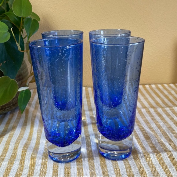 GlassWear Dining Handmade Set Cobalt Blue Clear Seeded Bubble
